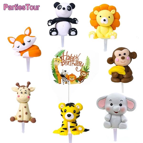 8 pcs / set safari animais bolo topper decoração brinquedos feliz aniversário bolo topper woodland selva safari decoração de aniversário 211216