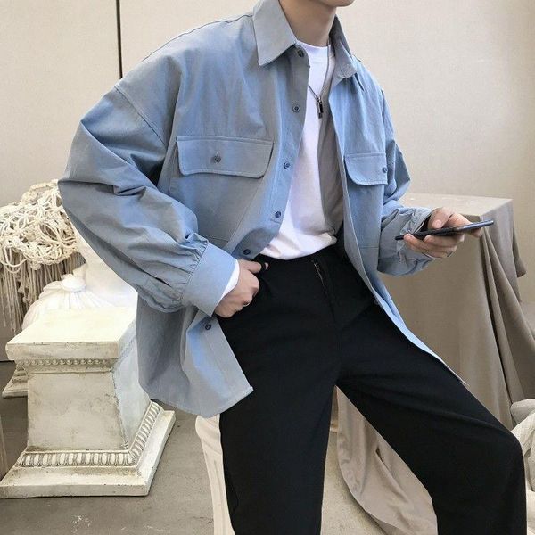 

spring cotton shirt men's fashion solid color casual men streetwear korean loose long-sleeved shirts mens dress, White;black
