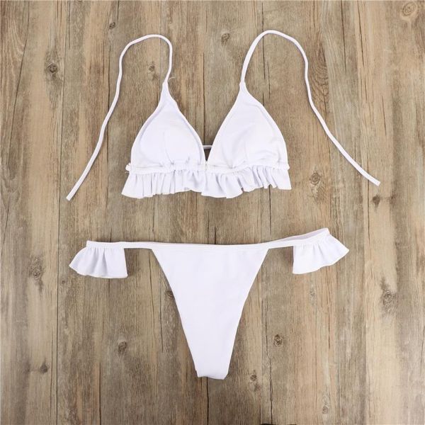 

women's swimwear green ruffle bikini set 2021 string thong tie swimsuit women push up summer beachwear halter bathing suit, White;black
