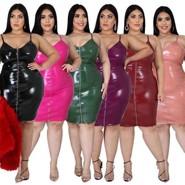 

plus size dresses ladies summer 5xl clothing wholesale zipper bodycon pu leather backless slip drop 211102, Black