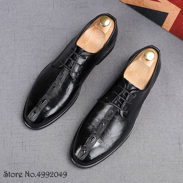 

fashion new designer men's pointed shiny genuine leather flats casual thick bottom shoes wedding dress prom party footwear, Black