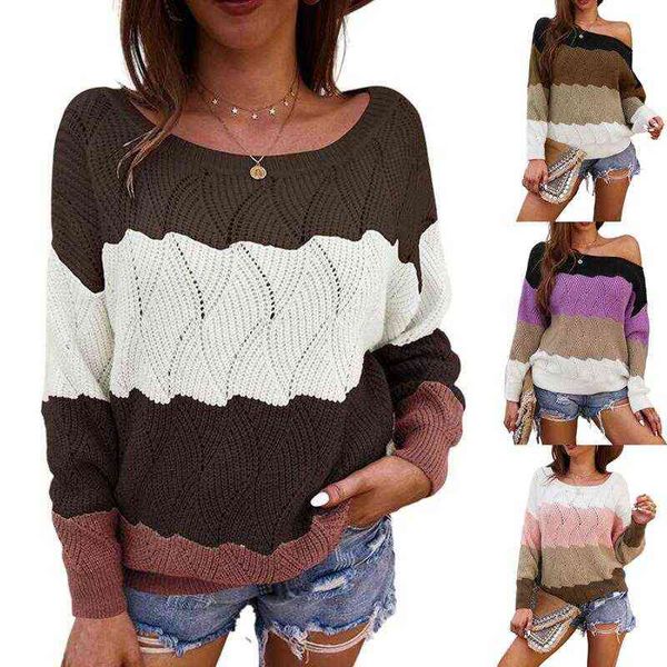 

women sweater round neck knitting sweater stripes solid color pullovers loose casual patchwork long sleeve sweater y1110, White;black