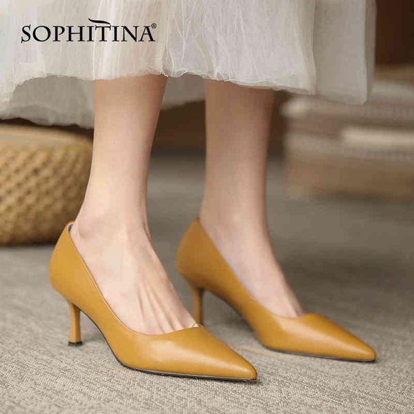 

sophitina fashion office lady shoes pointed elegant thin heel handmade women's shoes daily solid leather female pumps tpr ao173 210513, Black