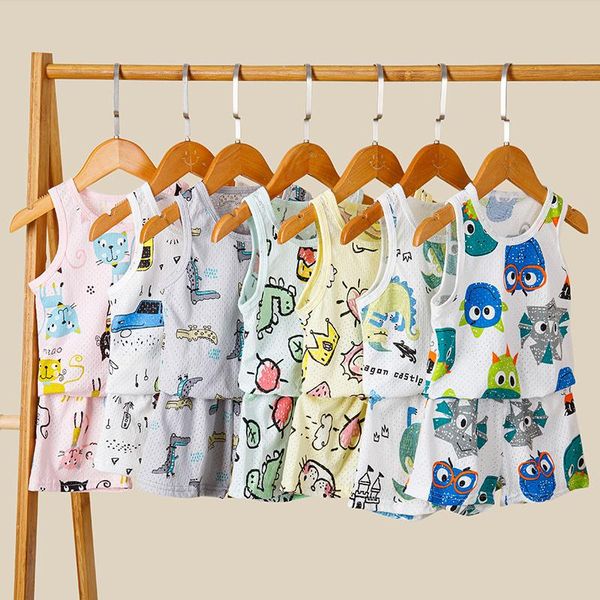 Conjuntos de roupas Verão Bebé Roupas Animal Cartoon Imprimir Crianças Sem Mangas Conjunto de 2-8t Dias Pouco Criança Colete + Calças