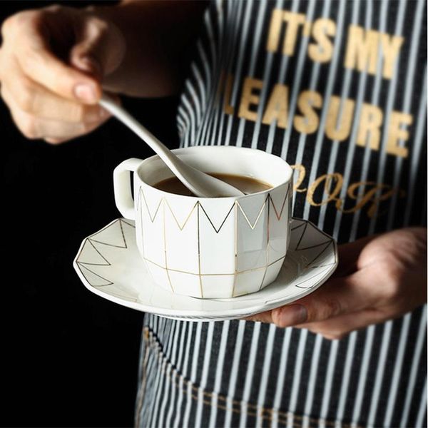 

cups & saucers european coffee cup gold line geometry creative design simple white latte cafe dish set 220ml porcelain gift