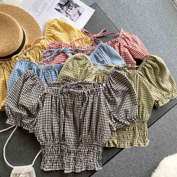 

singreiny women summer plaid blouse korean square collar puff sleeve short slim elastic ruched blouses new 210419, White