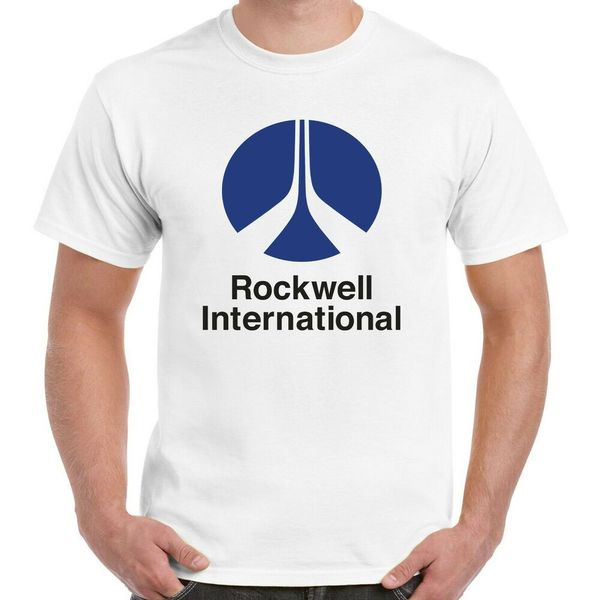 

rockwell international logo t-shirt - defunct aerospace company - white t-shirt, White;black