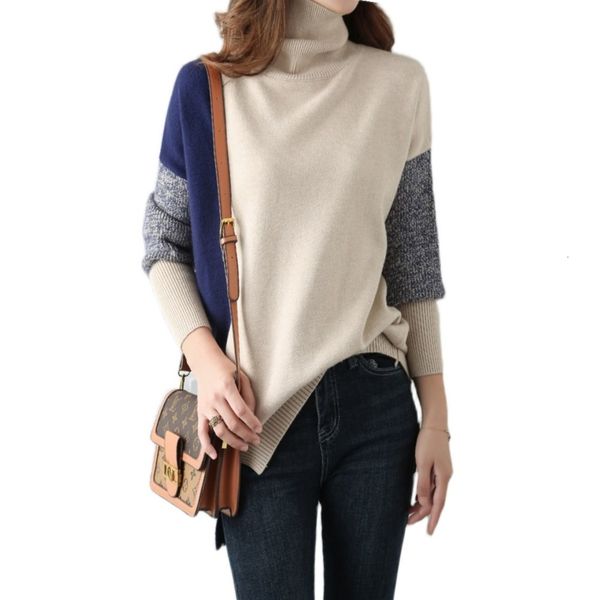 

women's sweaters knit sweater women high neck stitching contrast color pullover lazy angora wool loose outer wear turtleneck, White;black
