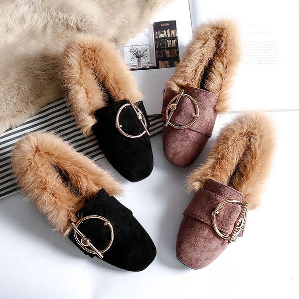 

sandals real rabbit fur shoes womens metal buckle flats plush loafers faux suede ladies ry ballet creepers winter cozy moccasins 8, Black