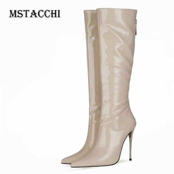 

boots ladies mature shoes slingbacks zipper-sid patentÂ leather stiletto pointed toe basic botas red mujer solid color 2021 knee, Black