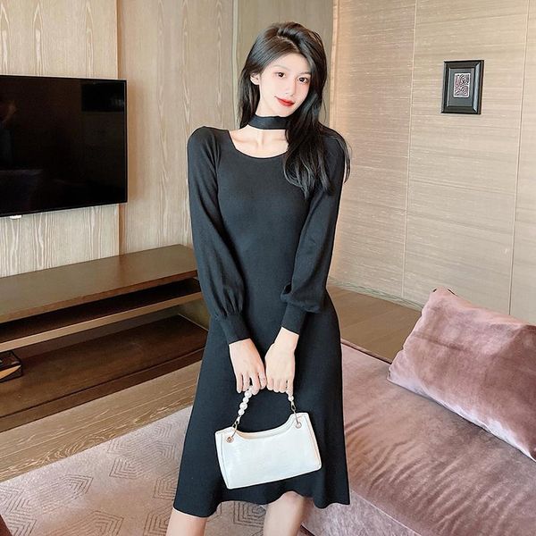 

casual dresses women's elegant knitted medium dress solid square collar long lantern sleeves slim waist women a-line autumn spring 2021, Black;gray