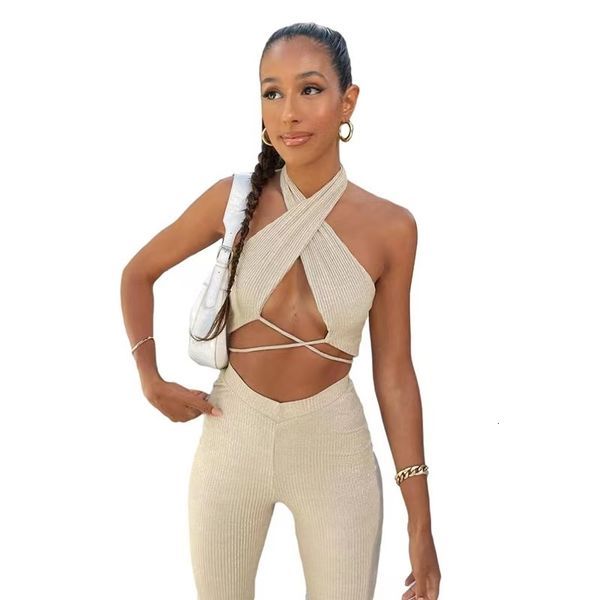 

women's two piece pants nibber elegant 2-piece sets women chic bandage crop casual rights broek kniting outfit past 2022 clothing stre, White