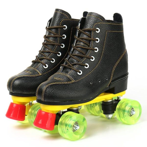 

cowhide leather roller skates black pu double line women men two skating shoes patines 4 wheels inline &