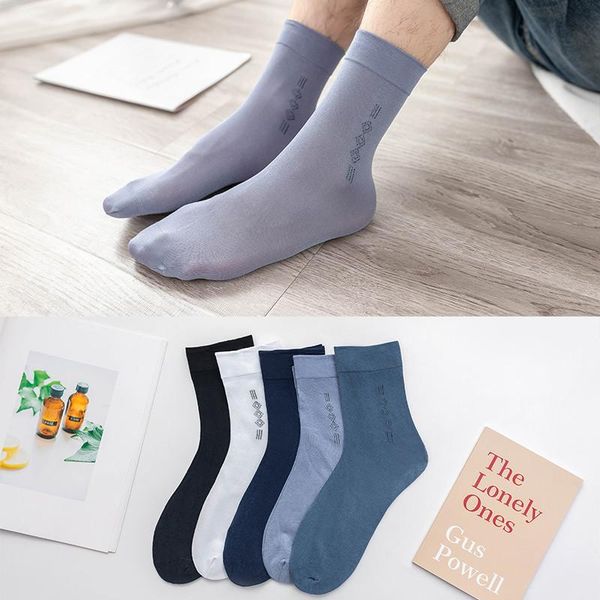 

men's socks 5 pairs summer casual business ultra-thin elastic silky bamboo fiber stockings middle black white colors