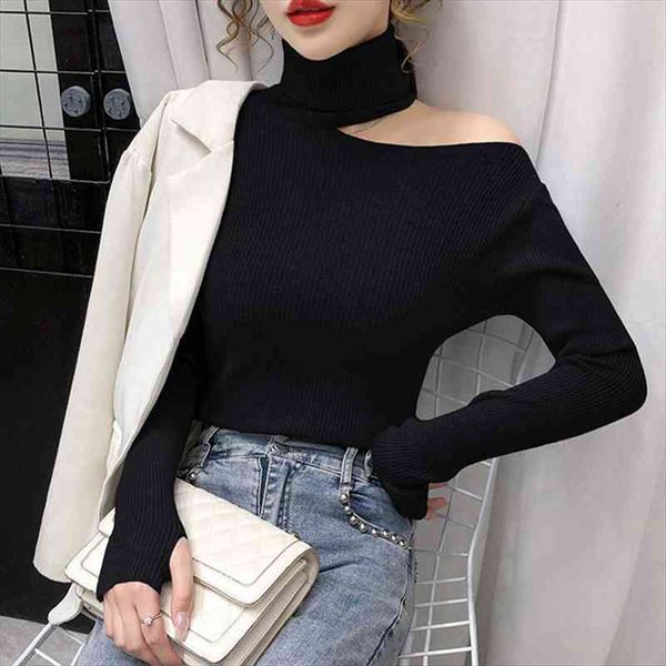 

autumn winter thick sweater women knitted ribbed pullover sweater off shoulder turtleneck slim jumper soft warm pull femme, White;black