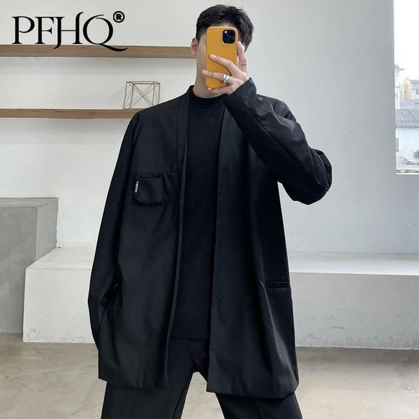 

men's suits & blazers pfhq men's autumn 2021 bandage waist bag design trend function style loose casual suit coat black oversized 2, White;black