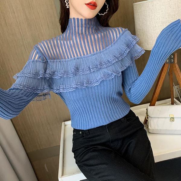

women's sweaters pure color stripe half a turtleneck perspective lace stitching sweater brim render unlined upper garment, White;black