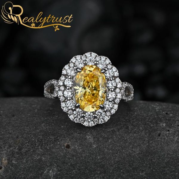 

cluster rings realytrust 2ct high carbon diamond halo ring oval cut 925 sterling silver jewelry for women wedding bands engagement gift, Golden;silver
