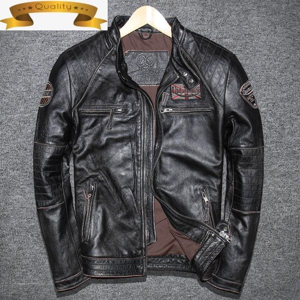 

leather jacket for geniune men pure cow vintage spring autumn plus size jaqueta de coruo 7810-1 mf124 men's & faux, Black