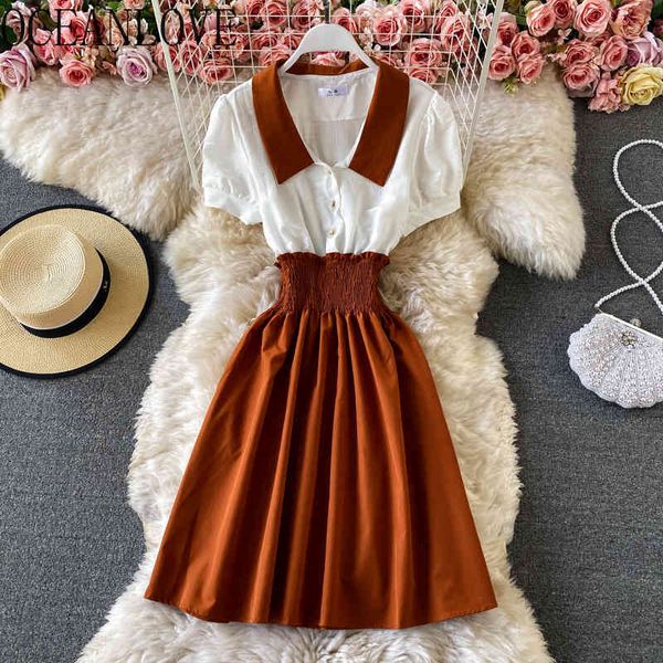 

dresses women vintage french style slim waist elegant temperament vestido feminio solid patchwork short sleeve summer 210415, Black;gray