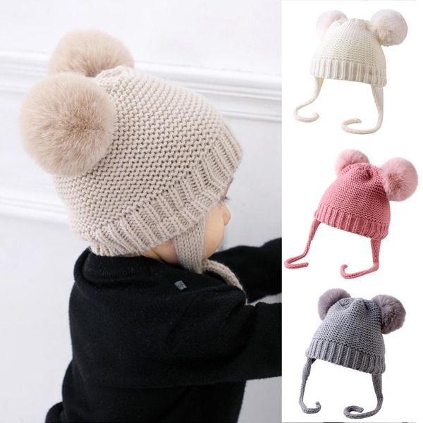 

caps & hats double pompom baby hat autumn winter kids girl boy beanie cap solid color outdoor warm knitted children toddler bonnet, Yellow