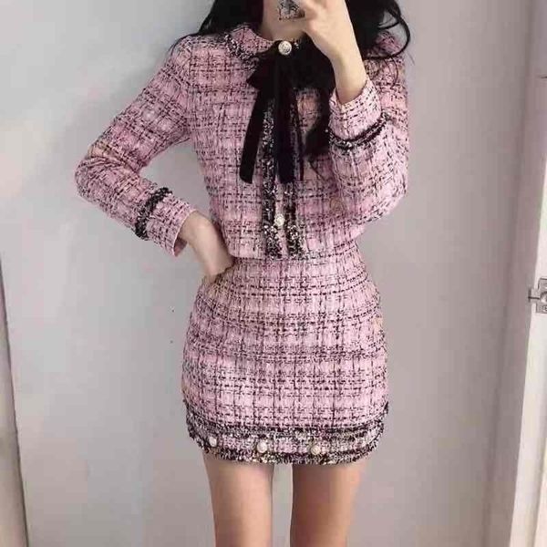 

autumn winter tweed wool 2 piece set women bowknot plaid skirt set female fringed trim short jacket coat + bodycon skirt suit 210407, White