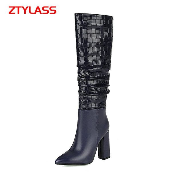 

boots big size women 34-43 fashion pleated knee high slip on square heel long autumn winter shoes lady, Black