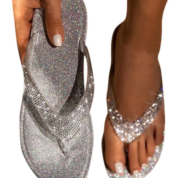 

slippers 2021 summer sandals fashion outdoor women's flat shoes shiny crystal flip flops solid angle, Black