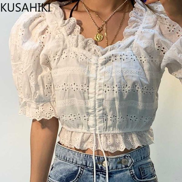 

kusahiki korean v-neck drawstring slim short blouses hook hollow-out puff sleeve shirt crop blusas femme 6g931 210602, White