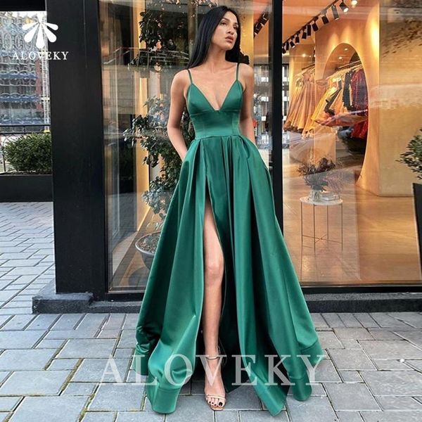 

party dresses fashion green satin high split evening a-line spaghetti straps women dress v-neck prom gown abendkleider plus size, White;black