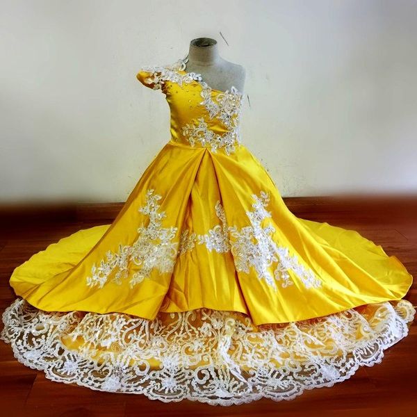 

100% real images yellow girl's pageant dresses one shoulder sequins beads lace satin flower girl dresse kids birthday gowns, Red;yellow