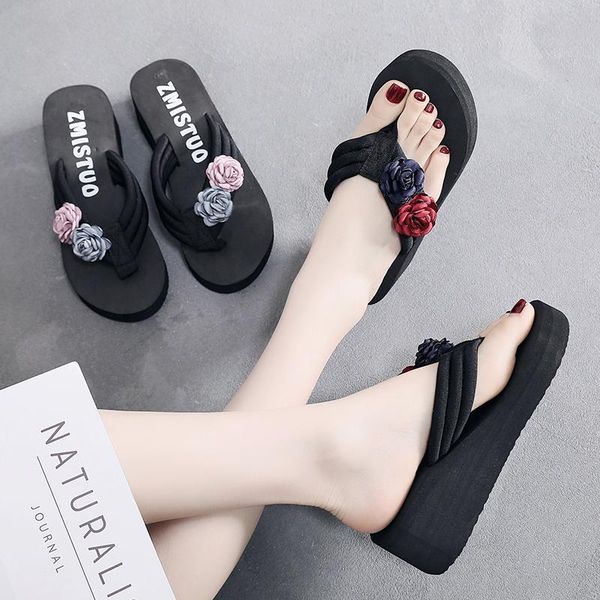 

summer ladies slippers handmade camellia flip-flops comfortable high heel casual beach wedge shoes sandals, Black