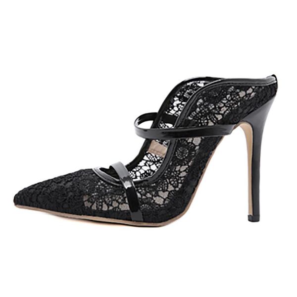 

summer women fashion pointed toe stilettos heels slippers mules mesh pure color white consice size 35-42, Black