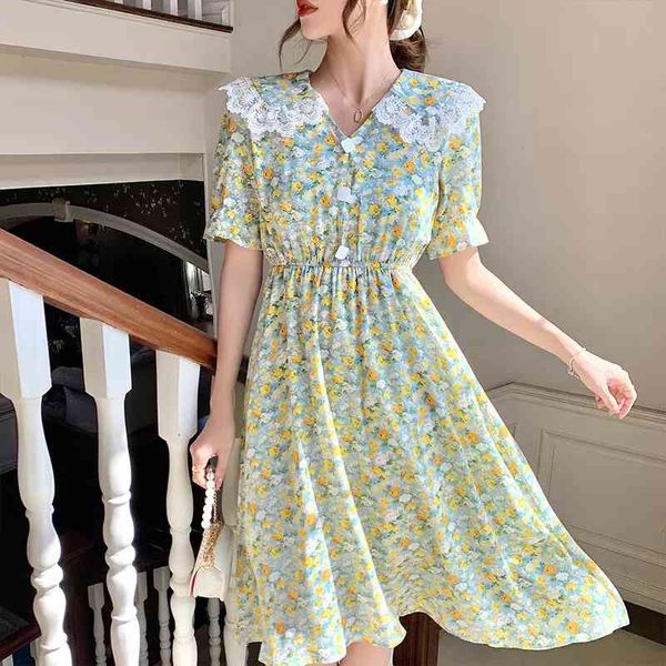 

vintage floral dress summer women short sleeve peter pan collar v-neck a-line female casual sundress elegant midi ladies dresses 210515, Black;gray