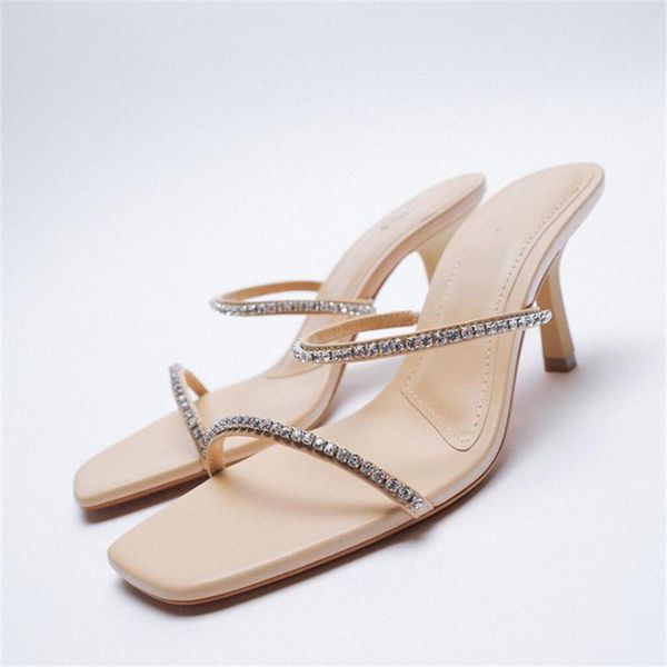 

slippers zar women's shoes 2021 summer beige square toe bright ornaments drawstring high-heeled, Black