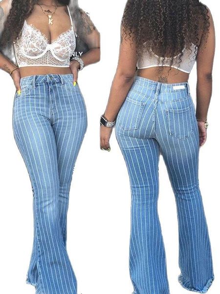 

women's jeans fashion striped woman flare elastic skinny denim wide-leg pants street hipster ripped trousers s-2xl drop, Blue
