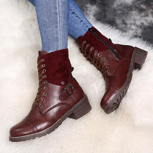 

boots pu leather ankle bootswomen lace up low heels motorcycle autumn winter platform buckle strap vintage ladies shoes, Black