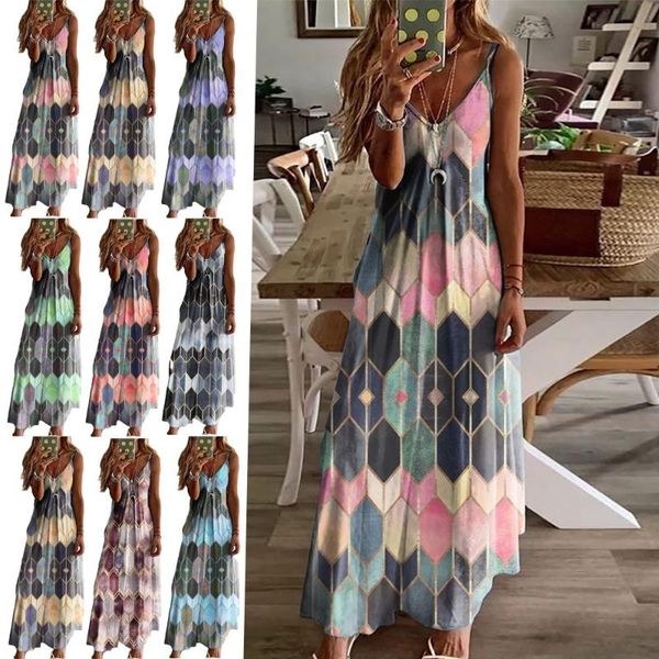 

casual dresses summer dress ladies sleeveless v-neck camisole a-line printed long for women 2021 fashion mujer vestido sundresses, Black;gray