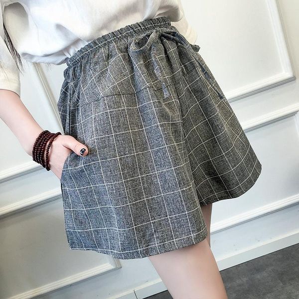 

women's shorts summer literary plaid plus size loose casual wide-leg pants cotton and linen 2021 women clothing #sr, White;black