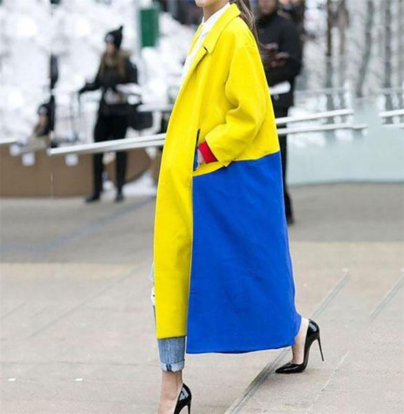 

women's trench coats fashion pocket long sleeve style coat overcoat lapel color matching plain windproof yellow blue splicing, Tan;black