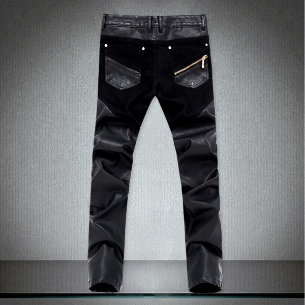 

men's jeans cotton&pu spliced pants men, casual ,black men o18d, Blue