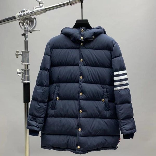 

men's down & parkas 2021 fashion brand men coats slim fit hooded long jacket striped solid thick casual winter clothing, Black