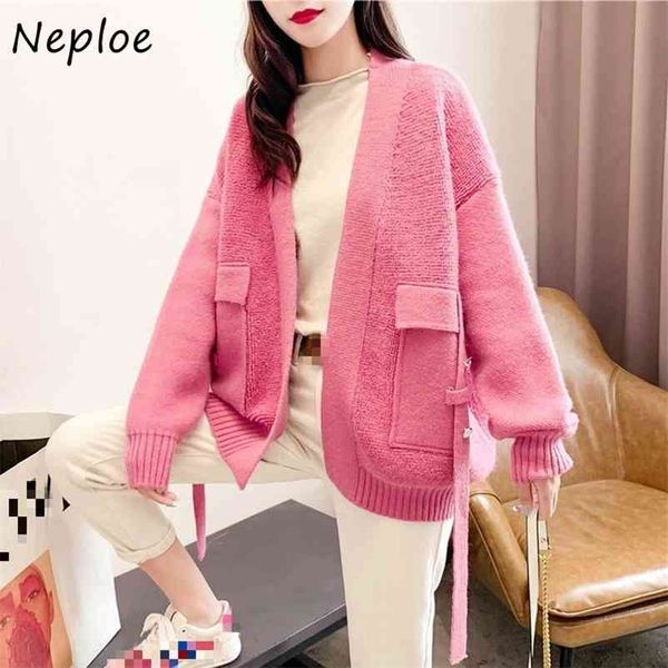 

fashion patchwork drawstring jacket women chic pockets solid color femme sweater loose all-match knitted cardigan 210422, White;black