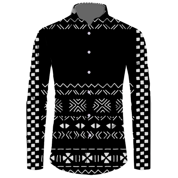 

men's casual shirts single breasted polyester office long sleeve blouse customized on demand samoan tattoo pattern designs work, White;black