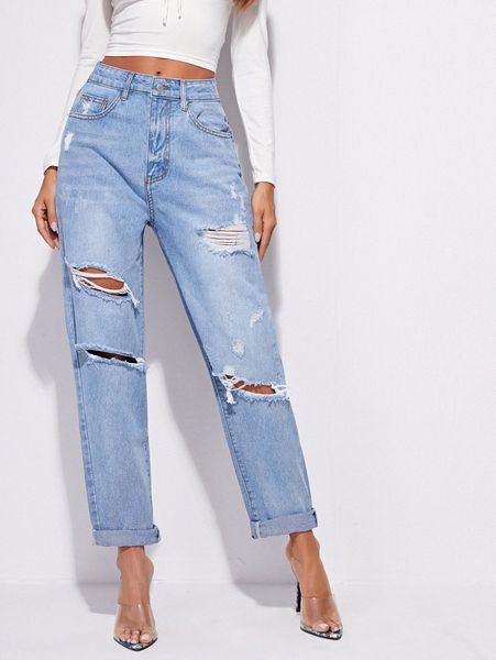 

high-waisted ripped baggy jeans a78m#, Blue