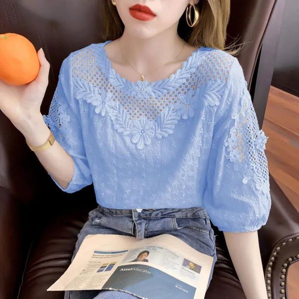 

women's blouses & shirts hollow lace shirt short-sleeved female 2021 summer upper clothes snow spinning section ostra bottoming, White