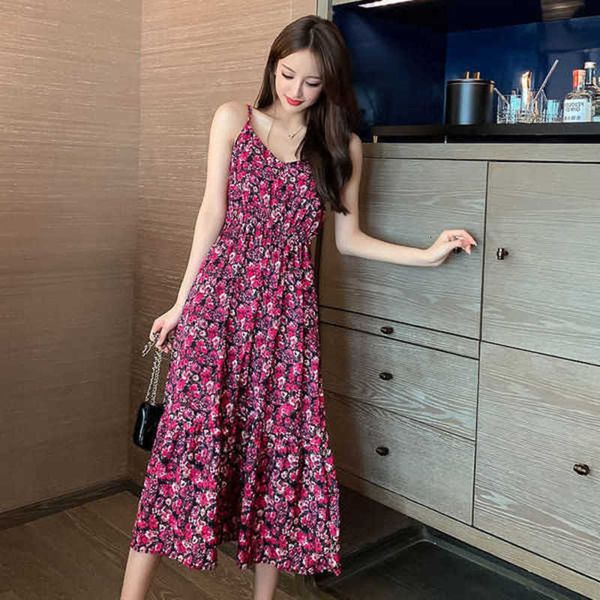 

2021 korean summer women's floral drs shows thin waist temperament, fashionable small fragrance suspender skirt, Black;gray