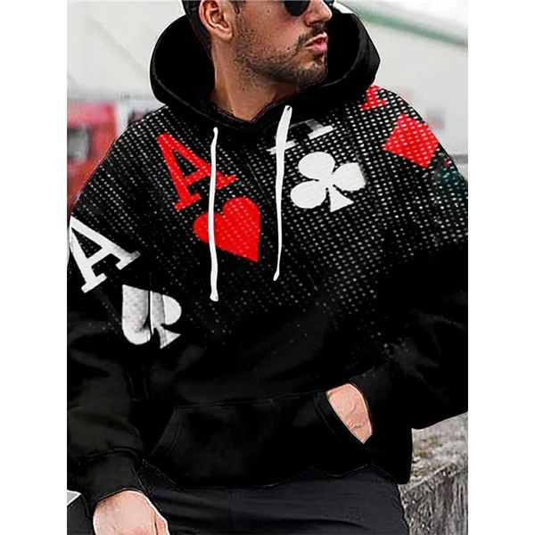 

playing cards pattern men s 3d printing hoodie visual impact party punk goth round neck sweater hoodie, Black