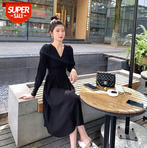 

v-neck knitted dress female year temperament goddess model french waist slimming skirt women's clothing #qk5j, White;black