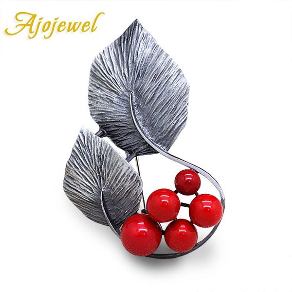 

pins, brooches ajojewel antique silver color leaf brooch with red pearls vintage women accessories retro jewelry wholesale, Gray